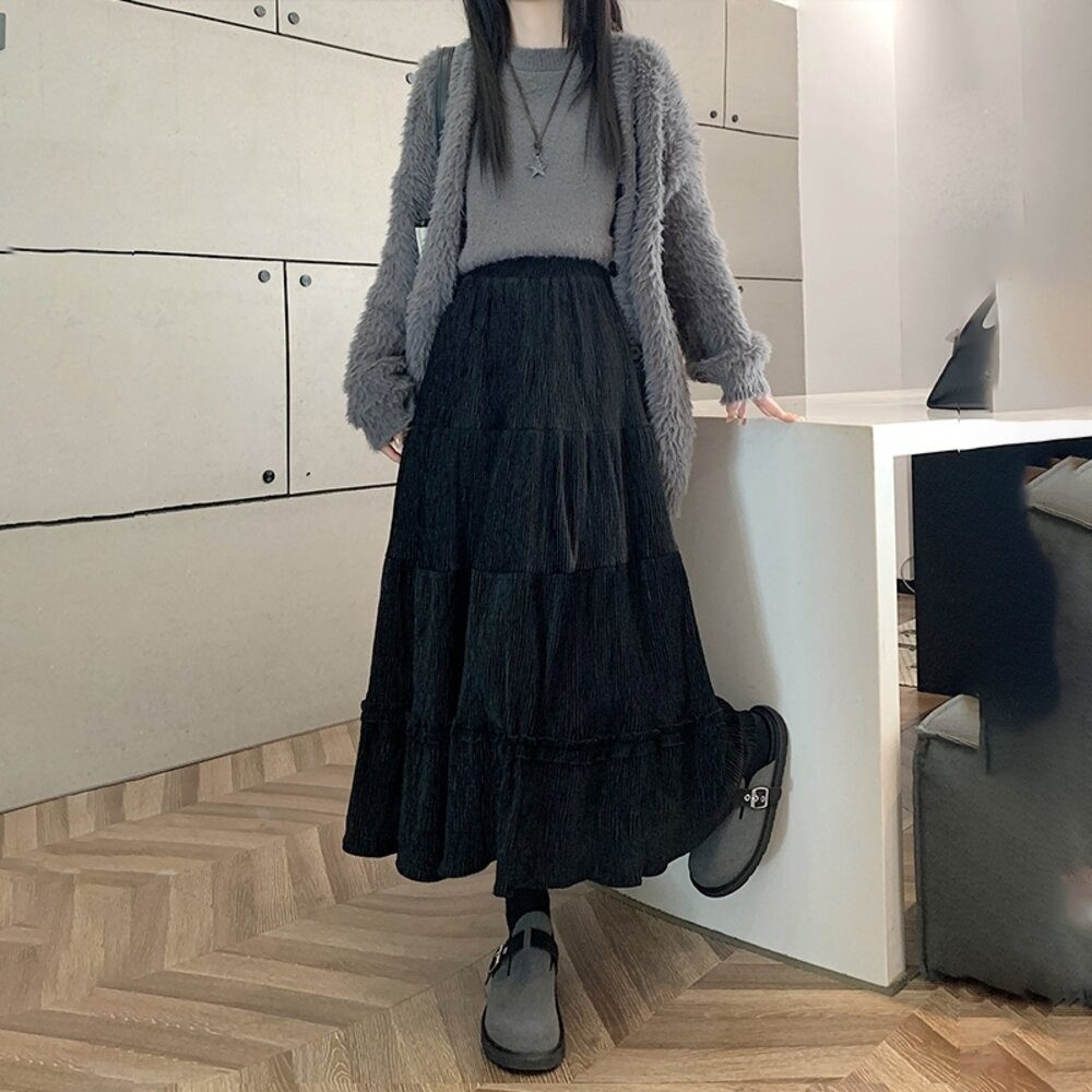 【台灣發貨】韓版花邊高腰顯瘦百褶半身裙 裙子 褲裙 長裙 女裝【P363】-細節圖9