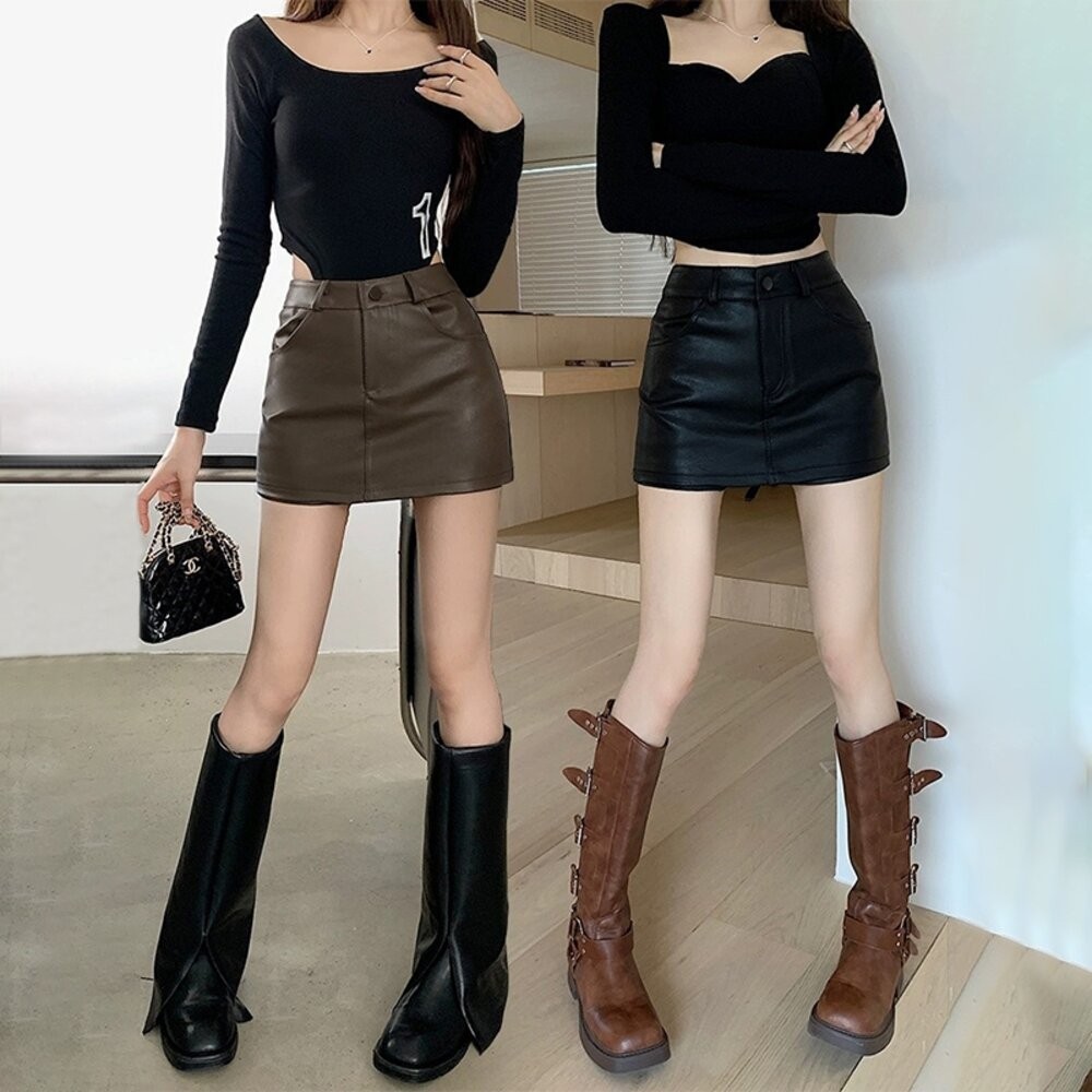 【台灣發貨】韓版高腰顯瘦防走光皮裙 裙子 褲裙 長裙 女裝【P362】-細節圖3