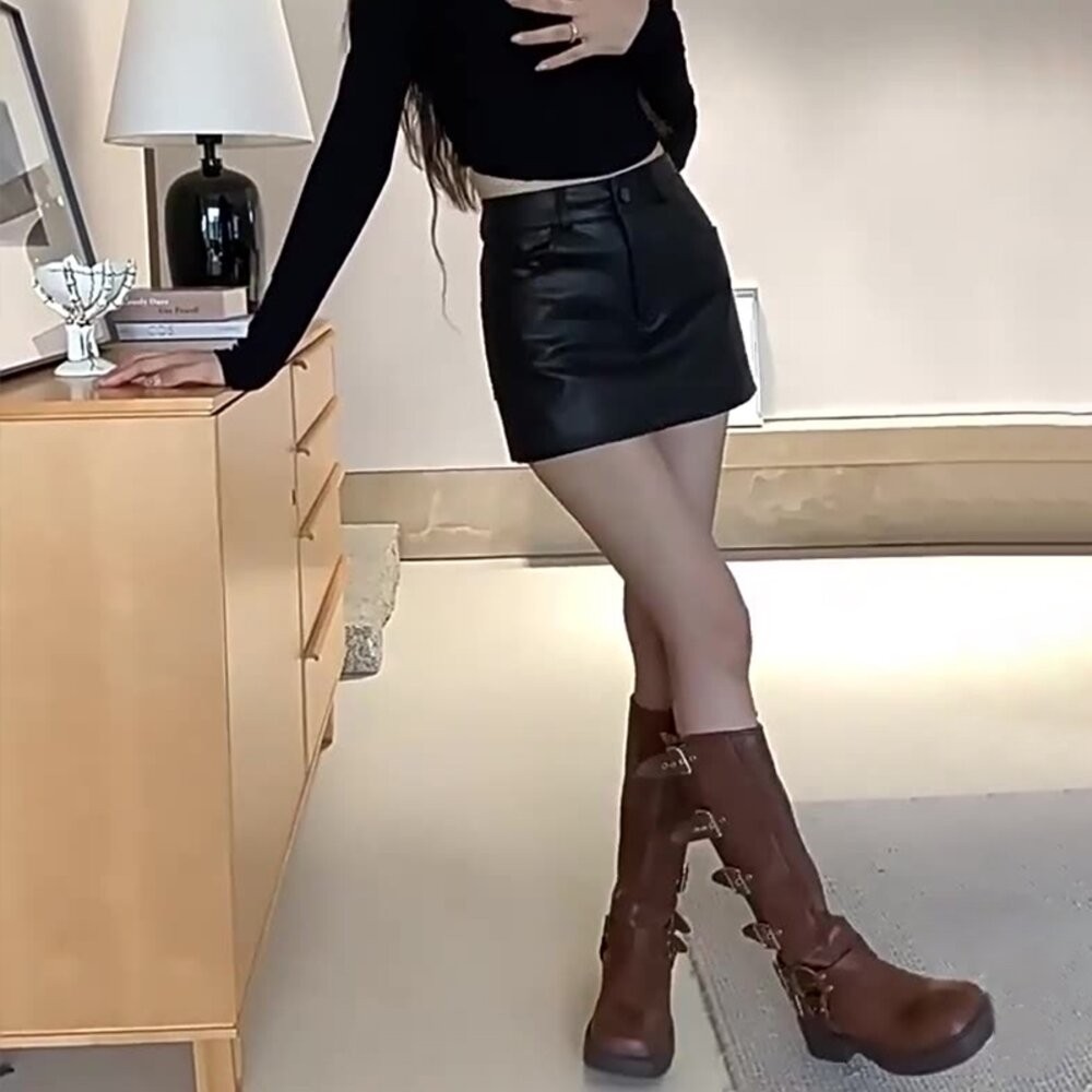 【台灣發貨】韓版高腰顯瘦防走光皮裙 裙子 褲裙 長裙 女裝【P362】-細節圖4