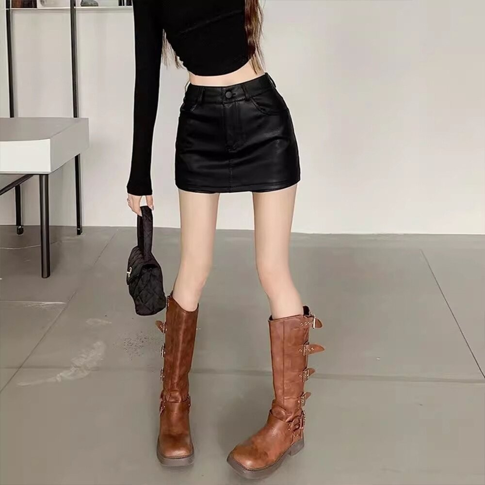 【台灣發貨】韓版高腰顯瘦防走光皮裙 裙子 褲裙 長裙 女裝【P362】-細節圖8