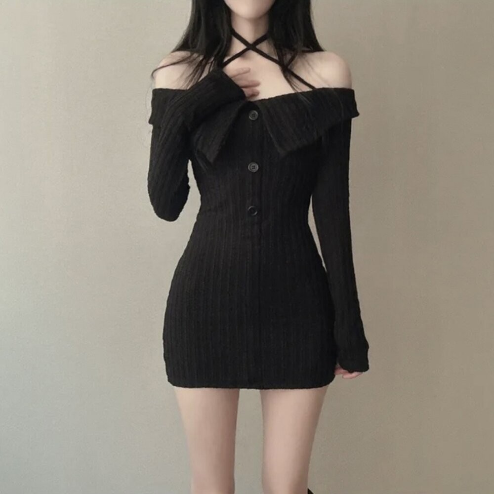 【台灣發貨】韓版氣質一字領顯瘦露肩洋裝 連身裙 吊帶裙 吊帶褲 女裝【S348】-細節圖3