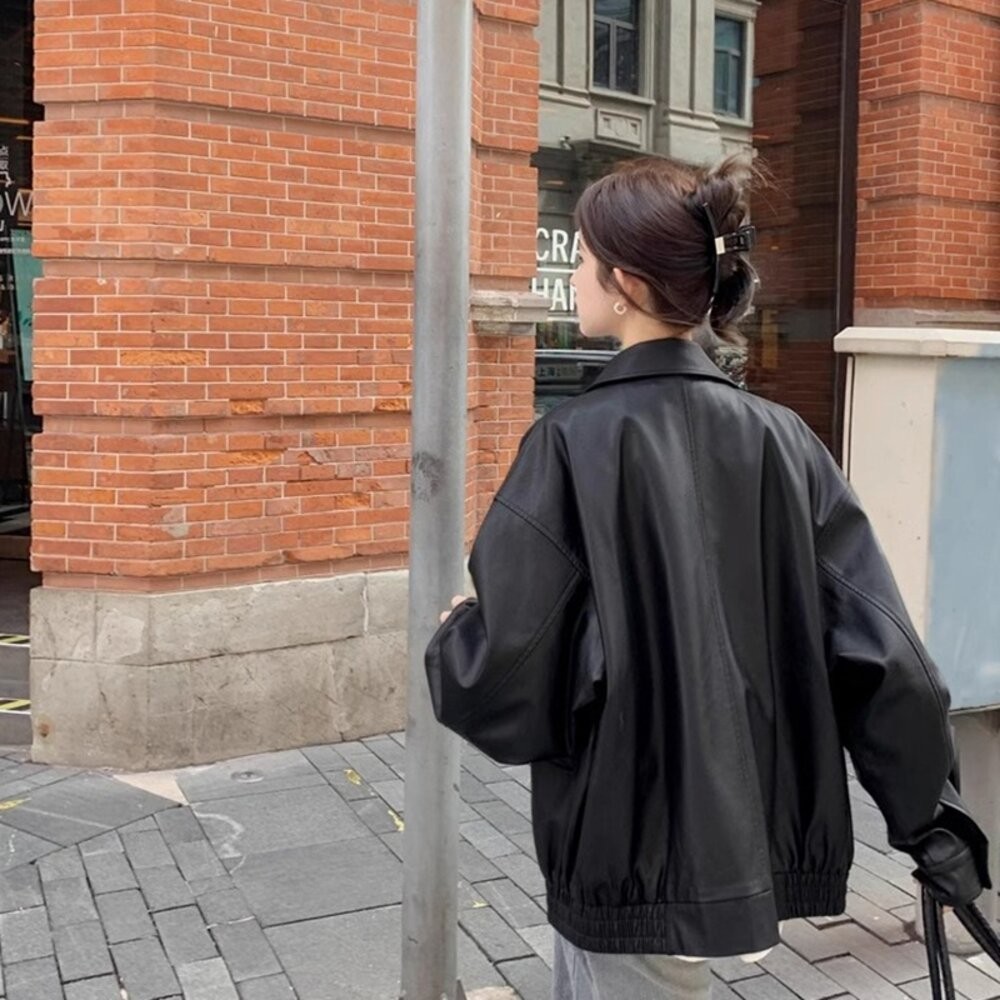 【台灣發貨】韓版美式寬鬆復古咖色皮衣外套 外套 防曬外套 女裝 上衣 衣服【J382】-細節圖2