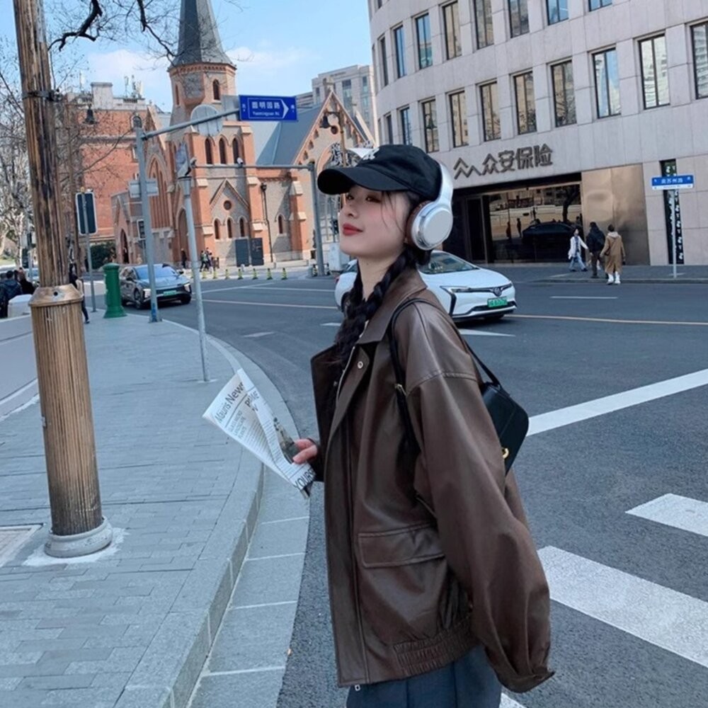 【台灣發貨】韓版美式寬鬆復古咖色皮衣外套 外套 防曬外套 女裝 上衣 衣服【J382】-細節圖3