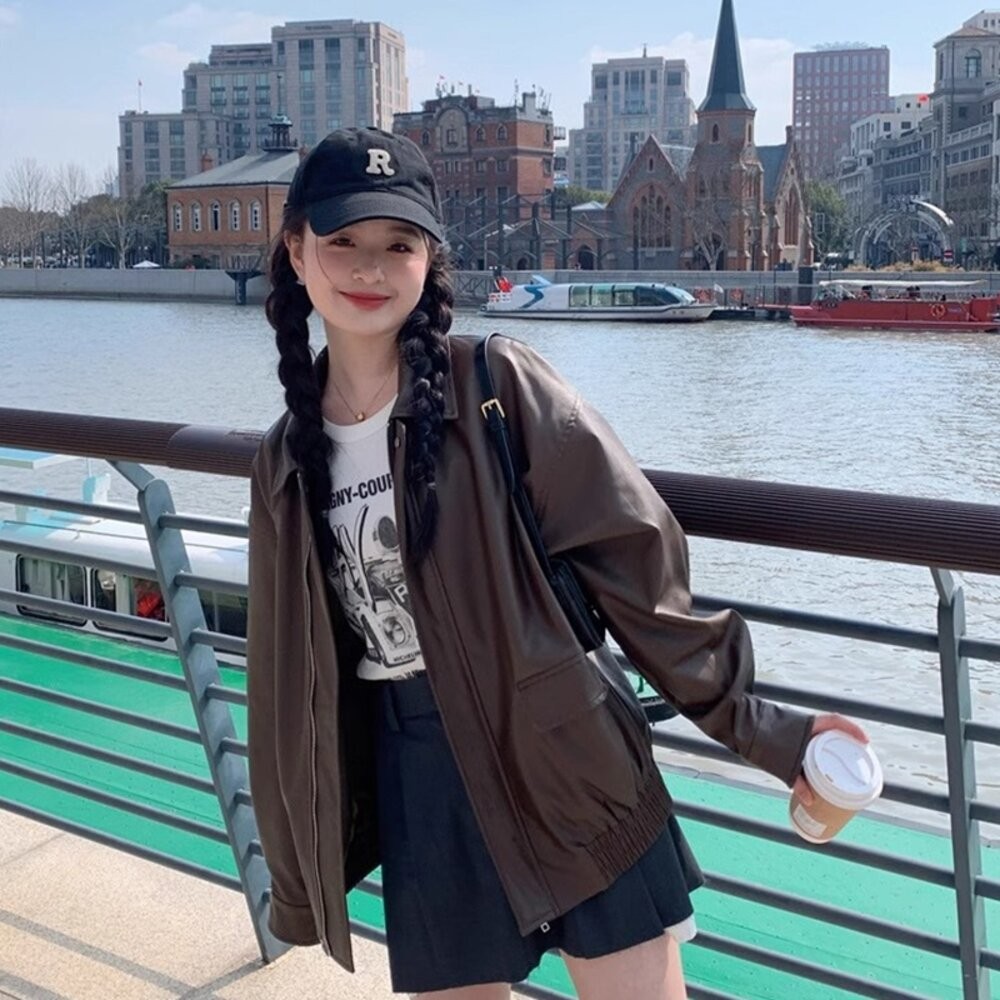 【台灣發貨】韓版美式寬鬆復古咖色皮衣外套 外套 防曬外套 女裝 上衣 衣服【J382】-細節圖4