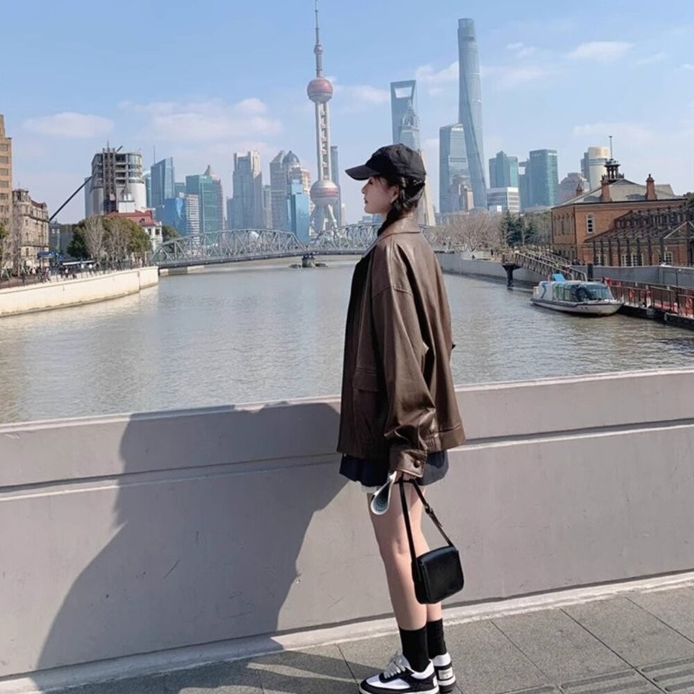 【台灣發貨】韓版美式寬鬆復古咖色皮衣外套 外套 防曬外套 女裝 上衣 衣服【J382】-細節圖5