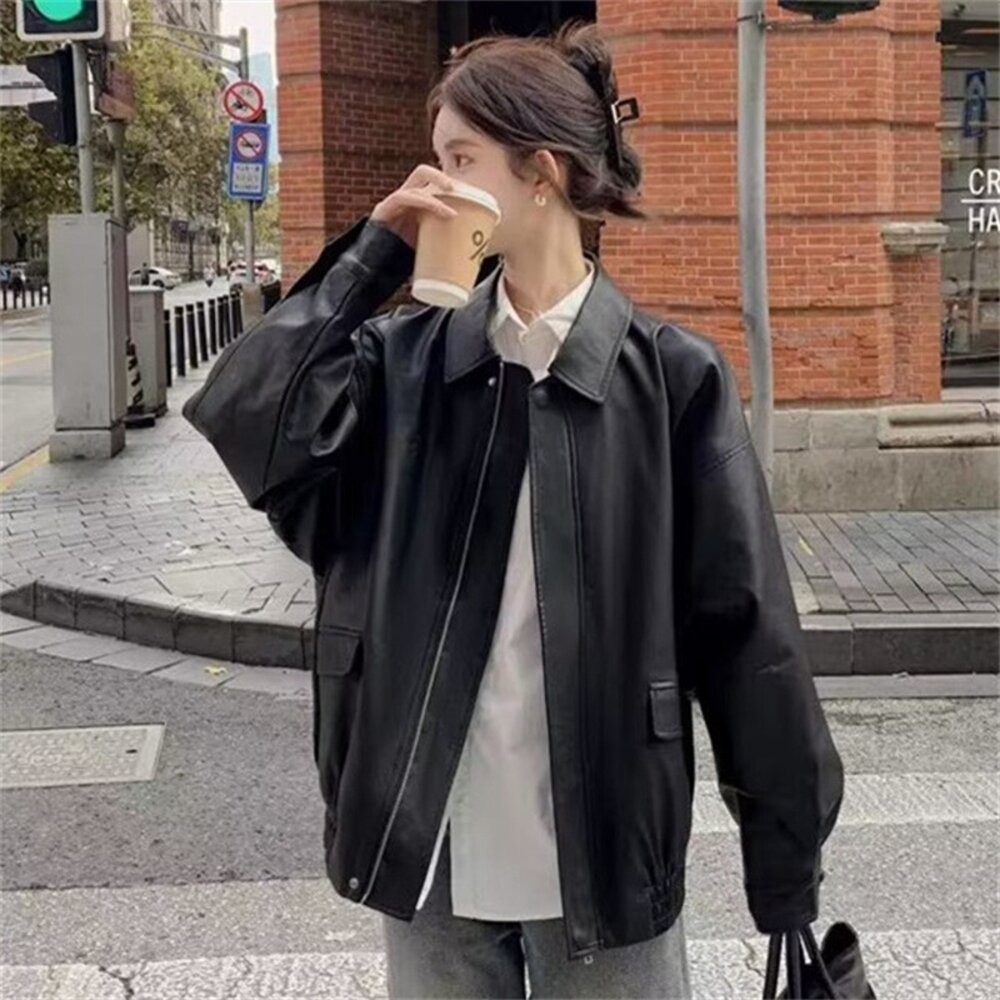 【台灣發貨】韓版美式寬鬆復古咖色皮衣外套 外套 防曬外套 女裝 上衣 衣服【J382】-細節圖6