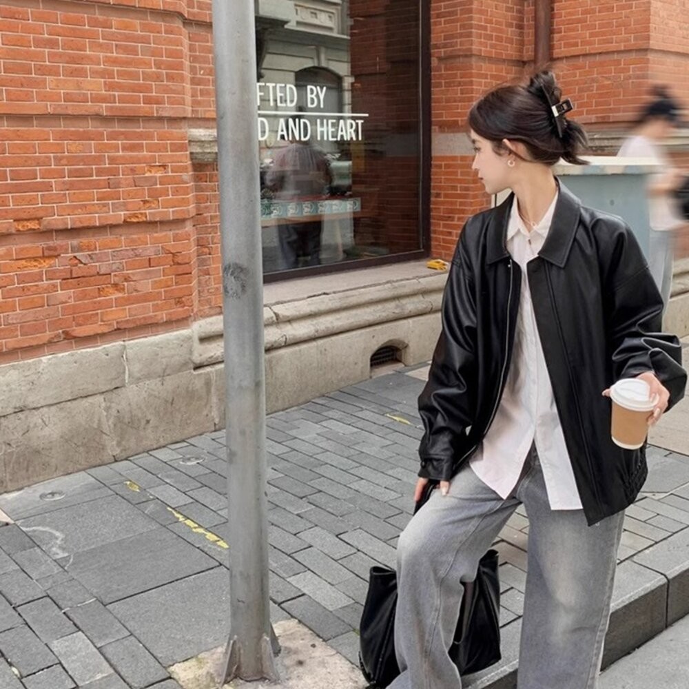 【台灣發貨】韓版美式寬鬆復古咖色皮衣外套 外套 防曬外套 女裝 上衣 衣服【J382】-細節圖8