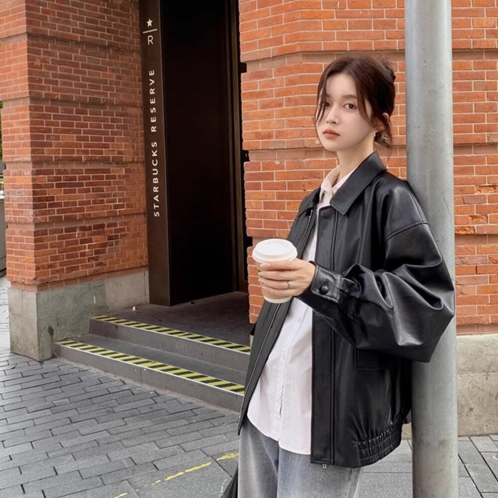 【台灣發貨】韓版美式寬鬆復古咖色皮衣外套 外套 防曬外套 女裝 上衣 衣服【J382】-細節圖9