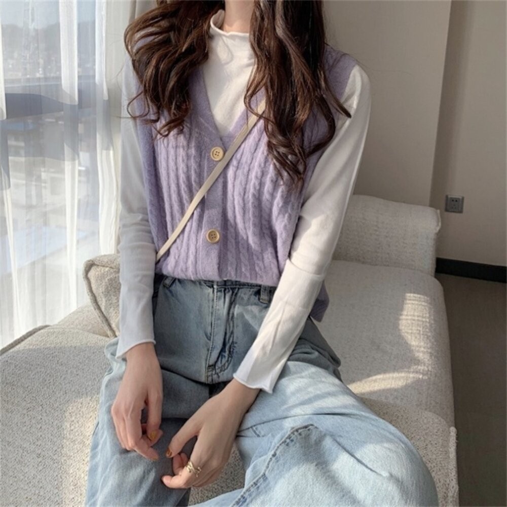 【台灣發貨】韓版V領復古麻花針織背心 小可愛 背心 衣服 女裝 外套 上衣【J360】-細節圖7