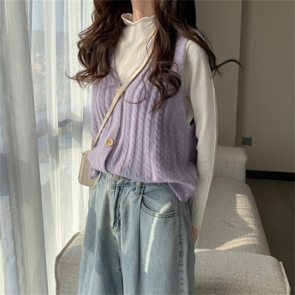 【台灣發貨】韓版V領復古麻花針織背心 小可愛 背心 衣服 女裝 外套 上衣【J360】-細節圖9