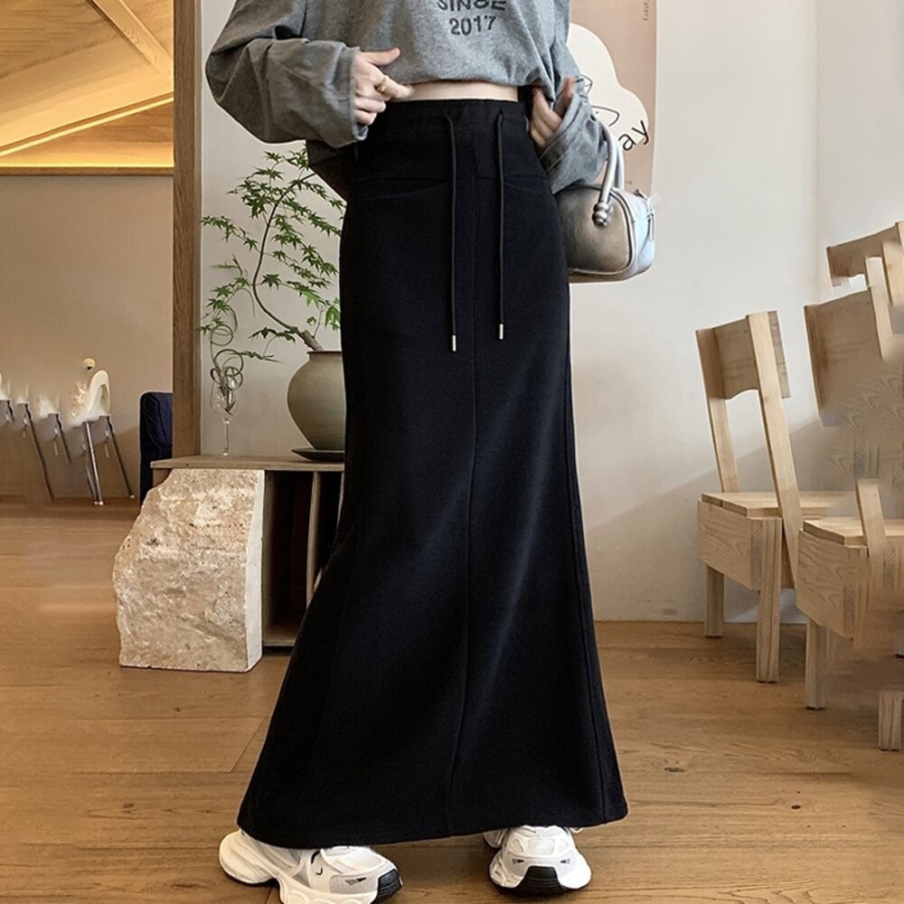 【台灣發貨】韓版高腰顯瘦開叉繫帶半身裙 裙子 褲裙 長裙 女裝【P361】-細節圖2