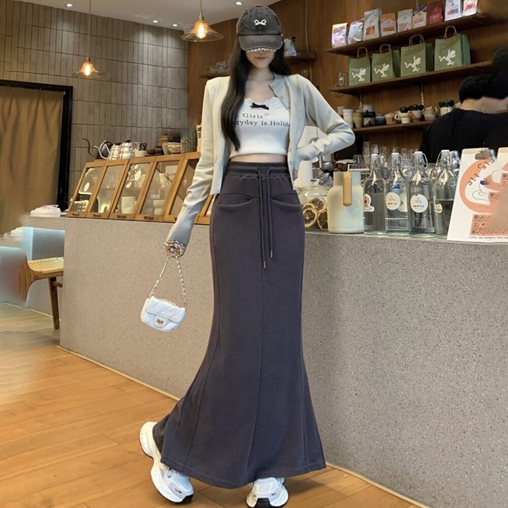 【台灣發貨】韓版高腰顯瘦開叉繫帶半身裙 裙子 褲裙 長裙 女裝【P361】-細節圖3