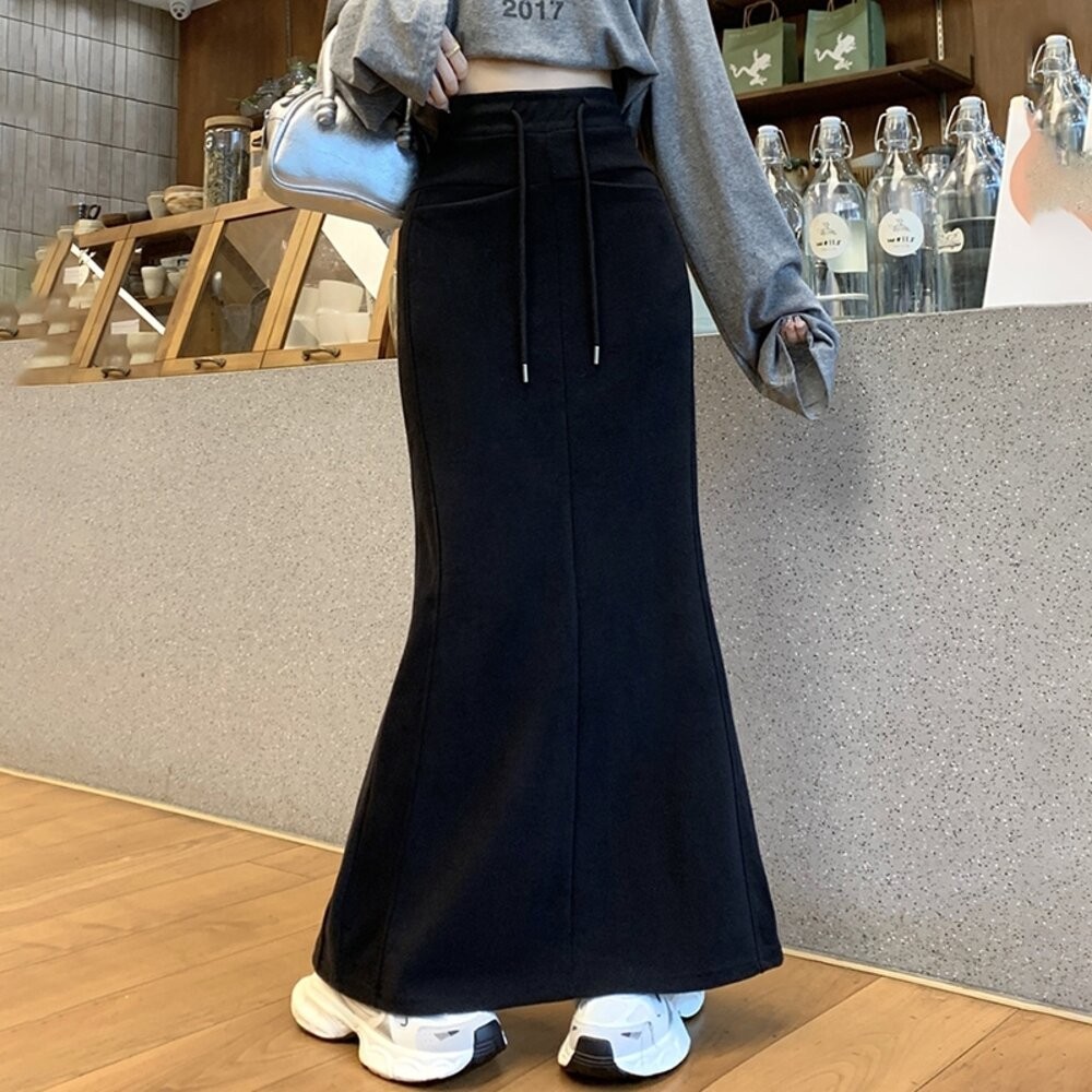 【台灣發貨】韓版高腰顯瘦開叉繫帶半身裙 裙子 褲裙 長裙 女裝【P361】-細節圖6