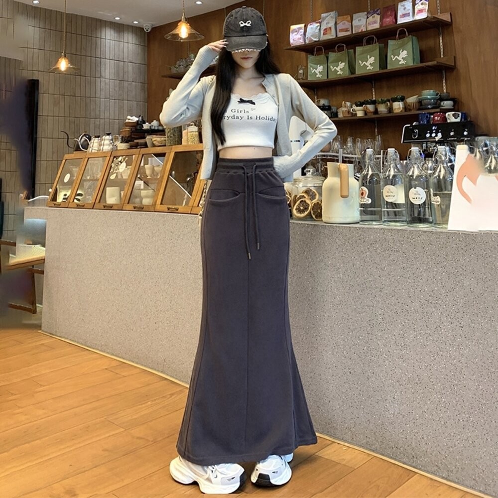 【台灣發貨】韓版高腰顯瘦開叉繫帶半身裙 裙子 褲裙 長裙 女裝【P361】-細節圖7