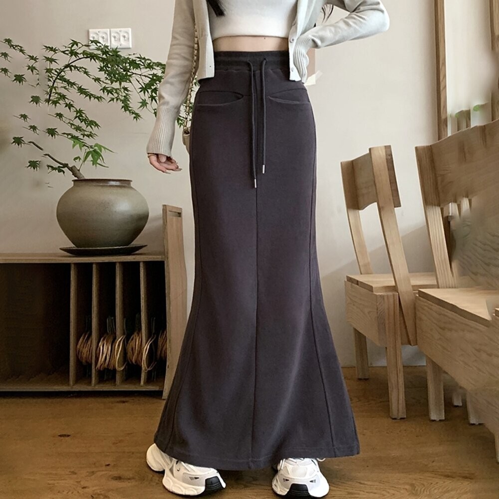 【台灣發貨】韓版高腰顯瘦開叉繫帶半身裙 裙子 褲裙 長裙 女裝【P361】-細節圖9