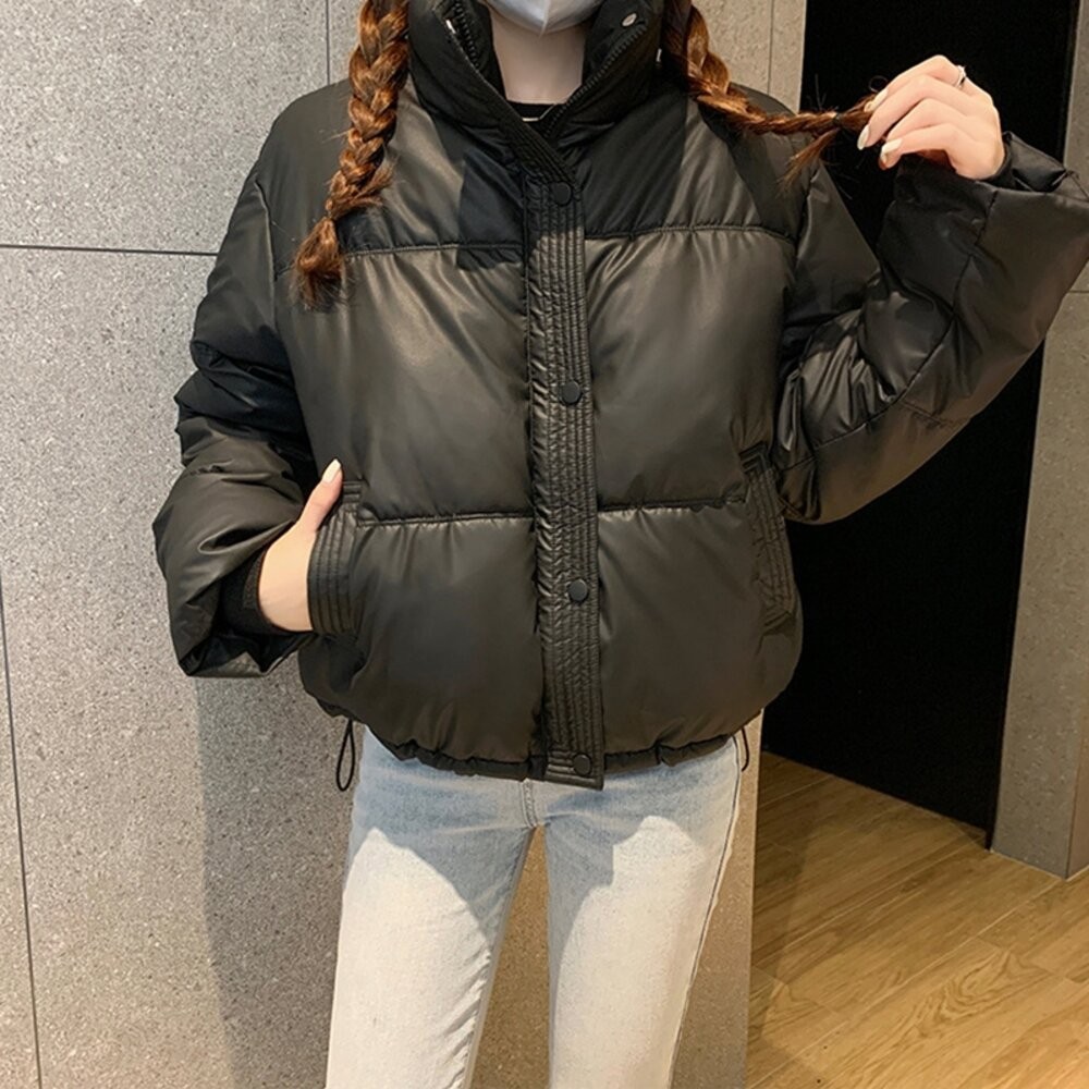 【台灣發貨】韓版免洗PU皮立領寬鬆短版外套 外套 防曬外套 女裝 上衣 衣服【J364】-細節圖8
