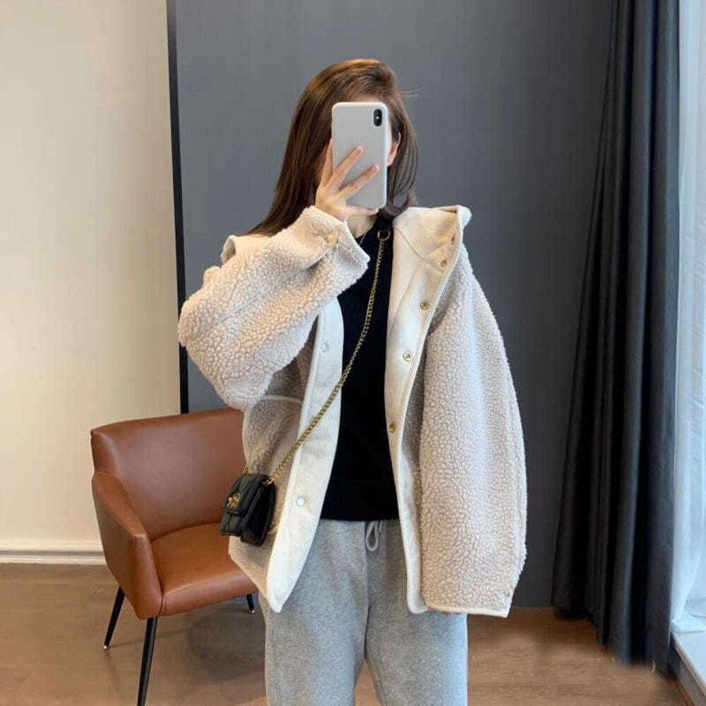 【台灣發貨】韓版寬鬆慵懶毛絨連帽外套 外套 防曬外套 女裝 上衣 衣服【J330】-細節圖3