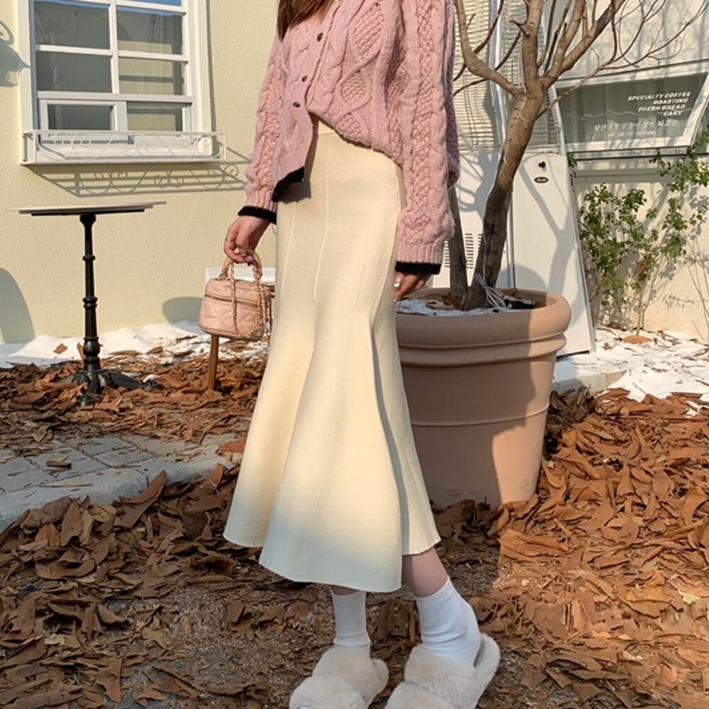 【台灣發貨】韓版復古高腰顯瘦針織長裙 裙子 褲裙 長裙 女裝【P309】-細節圖3