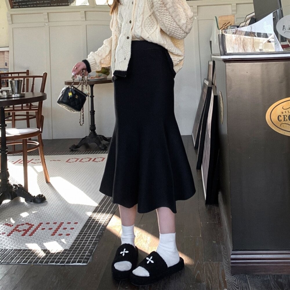 【台灣發貨】韓版復古高腰顯瘦針織長裙 裙子 褲裙 長裙 女裝【P309】-細節圖4