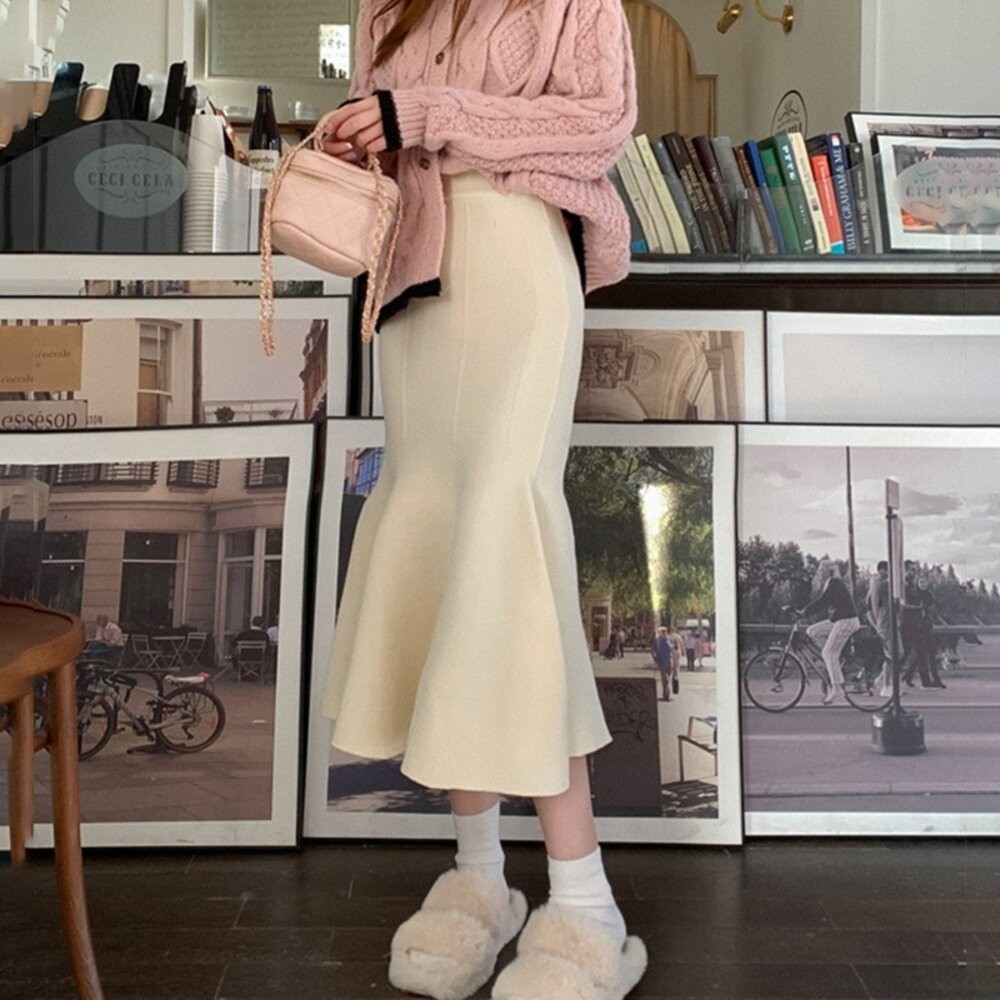 【台灣發貨】韓版復古高腰顯瘦針織長裙 裙子 褲裙 長裙 女裝【P309】-細節圖5