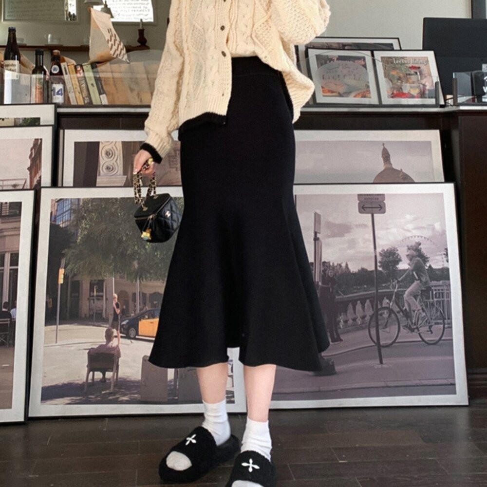 【台灣發貨】韓版復古高腰顯瘦針織長裙 裙子 褲裙 長裙 女裝【P309】-細節圖6