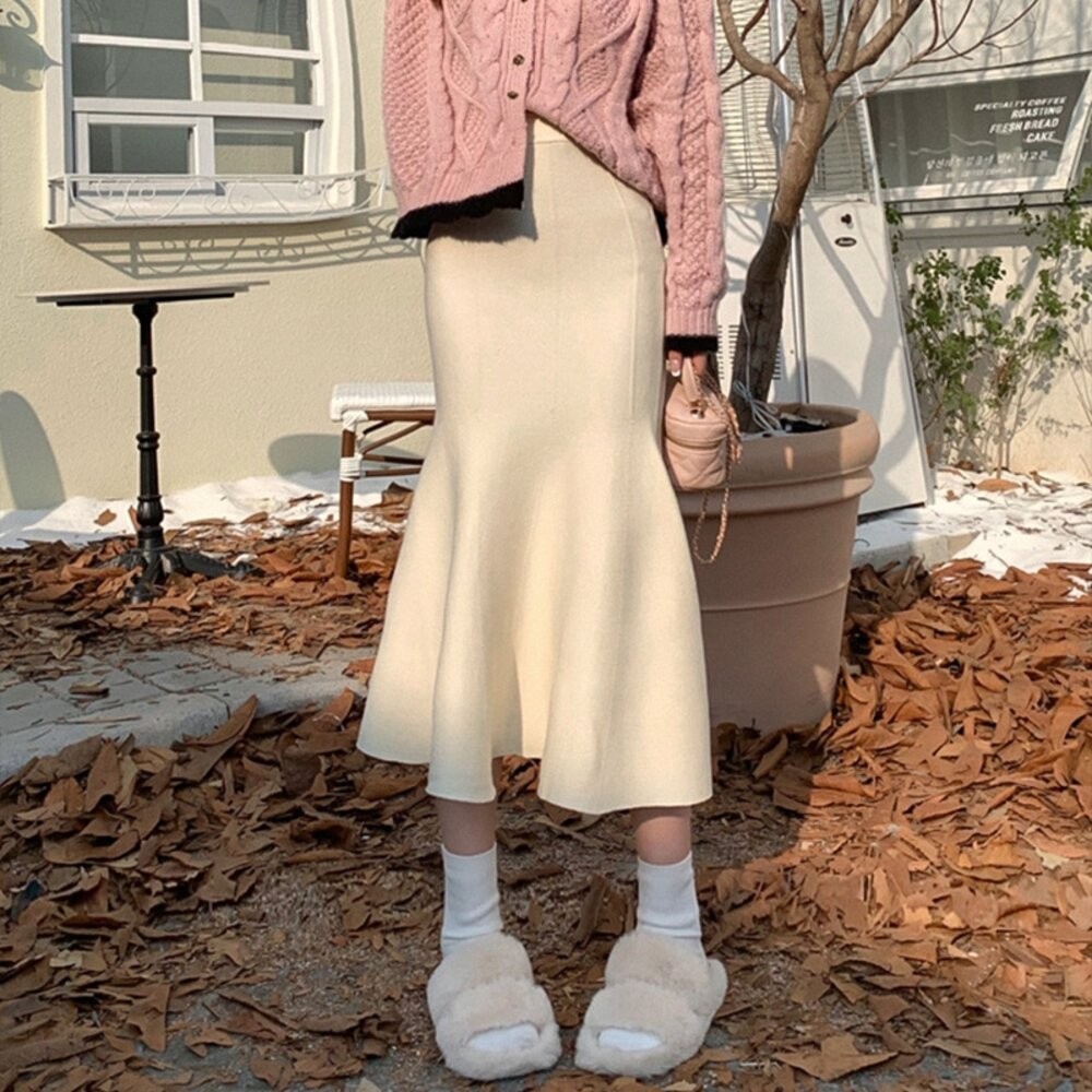 【台灣發貨】韓版復古高腰顯瘦針織長裙 裙子 褲裙 長裙 女裝【P309】-細節圖7