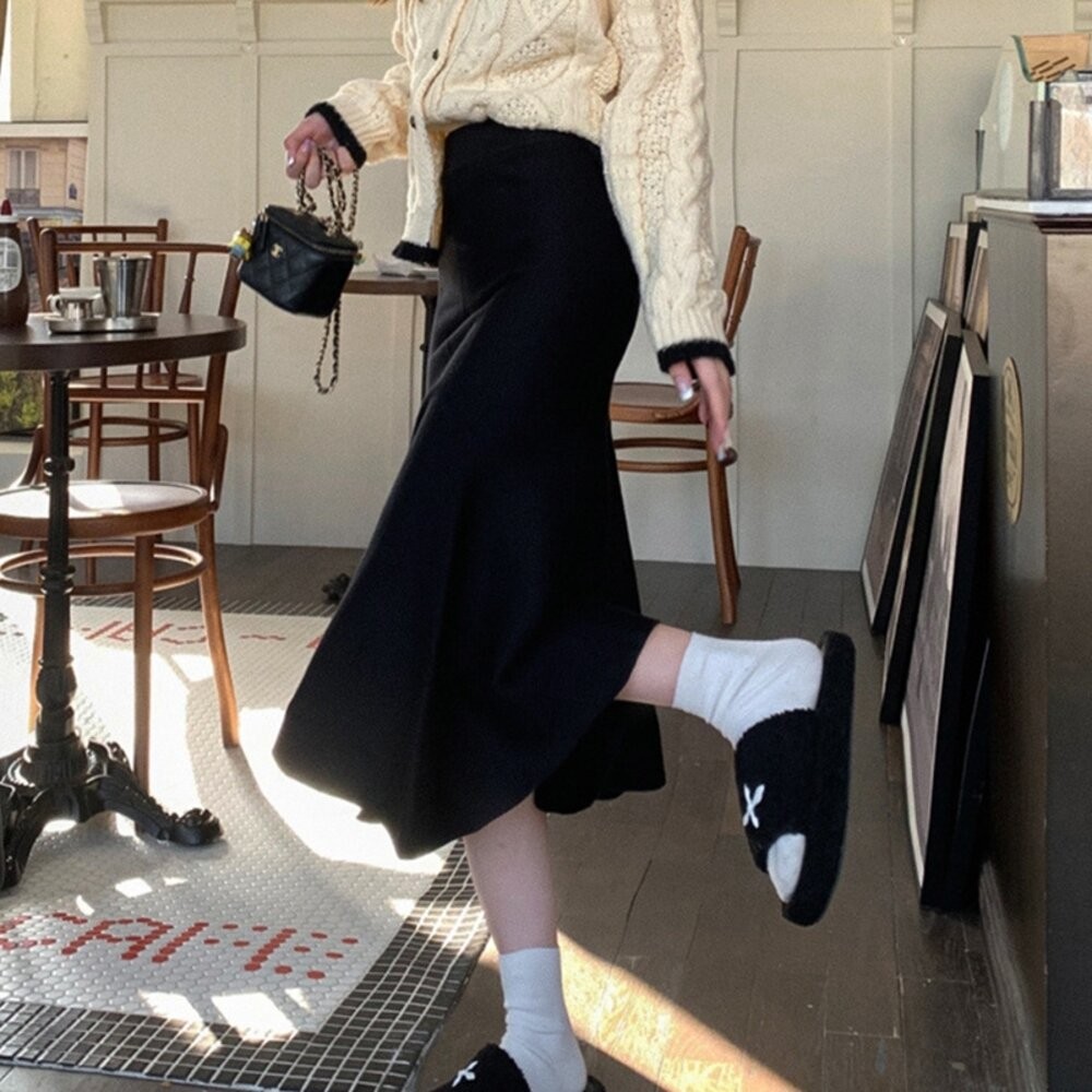 【台灣發貨】韓版復古高腰顯瘦針織長裙 裙子 褲裙 長裙 女裝【P309】-細節圖8