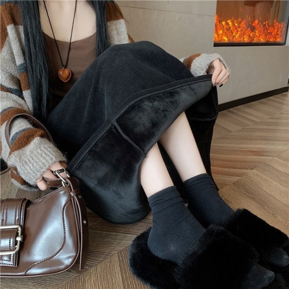 【台灣發貨】韓版內刷毛顯瘦後開叉高腰半身裙 裙子 褲裙 長裙 女裝【P308】-細節圖2