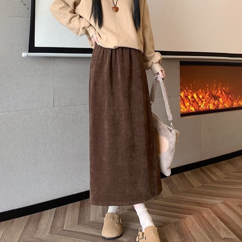 【台灣發貨】韓版內刷毛顯瘦後開叉高腰半身裙 裙子 褲裙 長裙 女裝【P308】-細節圖3