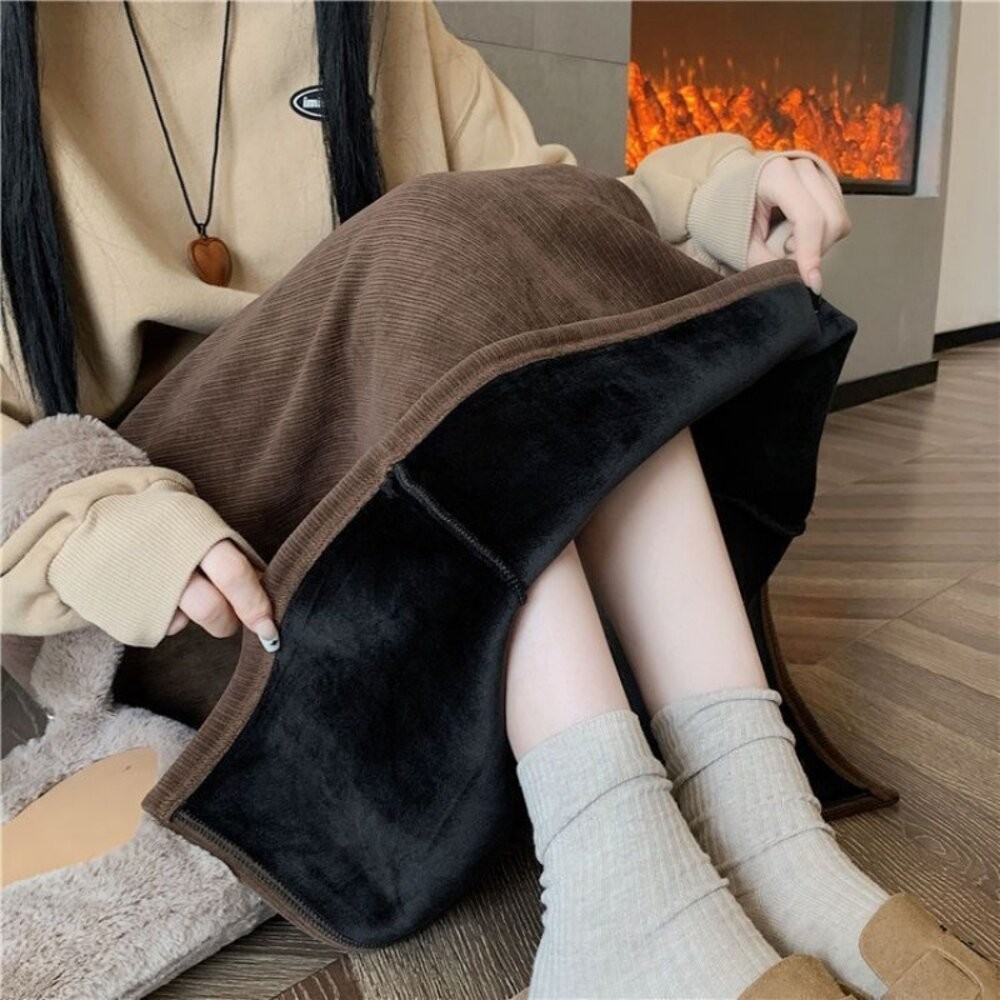 【台灣發貨】韓版內刷毛顯瘦後開叉高腰半身裙 裙子 褲裙 長裙 女裝【P308】-細節圖5