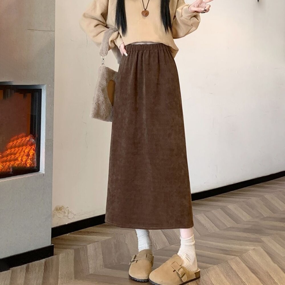 【台灣發貨】韓版內刷毛顯瘦後開叉高腰半身裙 裙子 褲裙 長裙 女裝【P308】-細節圖6