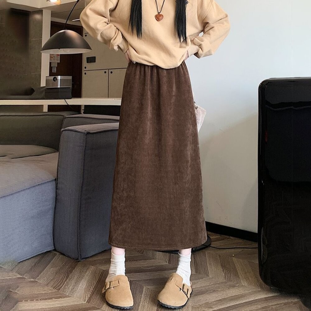 【台灣發貨】韓版內刷毛顯瘦後開叉高腰半身裙 裙子 褲裙 長裙 女裝【P308】-細節圖7