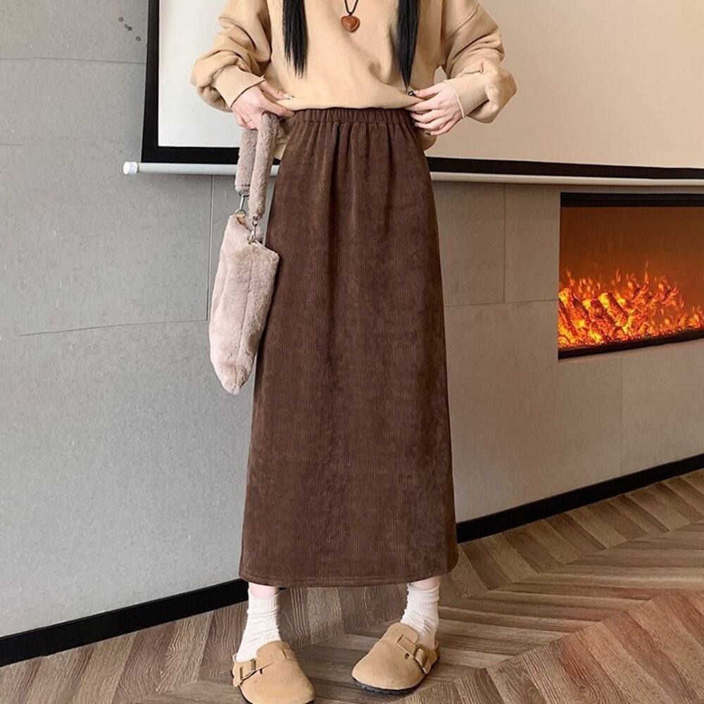 【台灣發貨】韓版內刷毛顯瘦後開叉高腰半身裙 裙子 褲裙 長裙 女裝【P308】-細節圖8