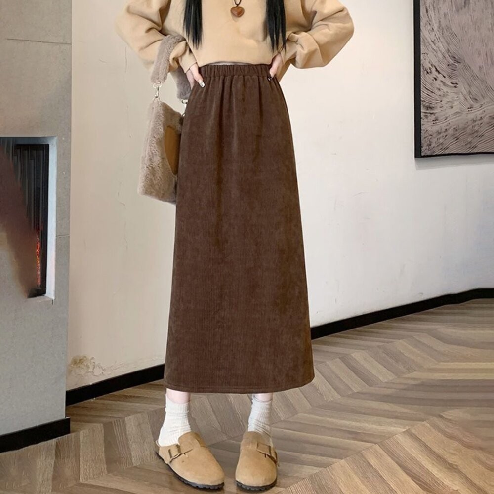 【台灣發貨】韓版內刷毛顯瘦後開叉高腰半身裙 裙子 褲裙 長裙 女裝【P308】-細節圖9