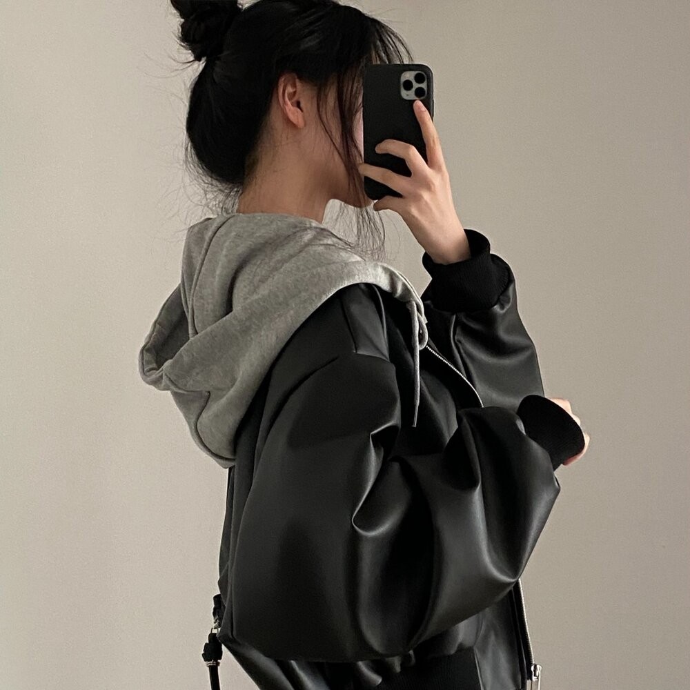 【台灣發貨】韓版復古寬鬆假兩件皮衣外套 外套 防曬外套 女裝 上衣 衣服【J375】-細節圖2