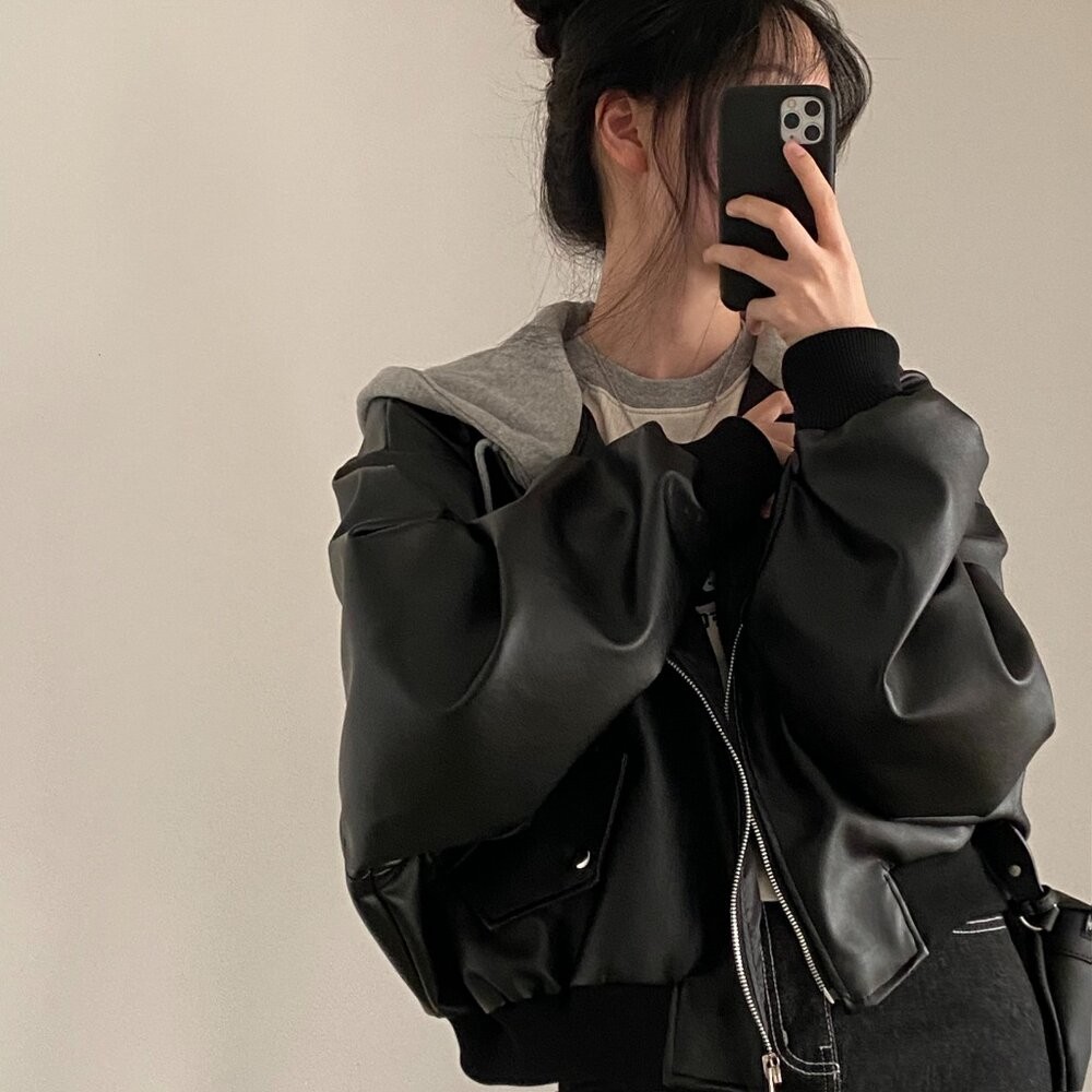 【台灣發貨】韓版復古寬鬆假兩件皮衣外套 外套 防曬外套 女裝 上衣 衣服【J375】-細節圖6