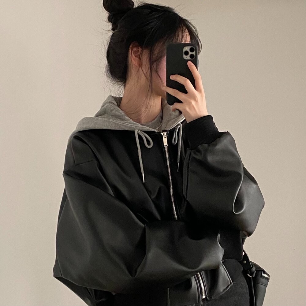 【台灣發貨】韓版復古寬鬆假兩件皮衣外套 外套 防曬外套 女裝 上衣 衣服【J375】-細節圖7
