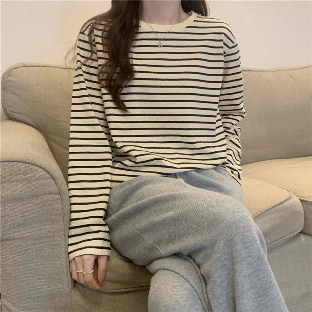 【台灣發貨】韓版寬鬆百搭條紋打底長袖上衣 長袖上衣 長袖t恤 衣服 女裝 上衣【W578】-細節圖2