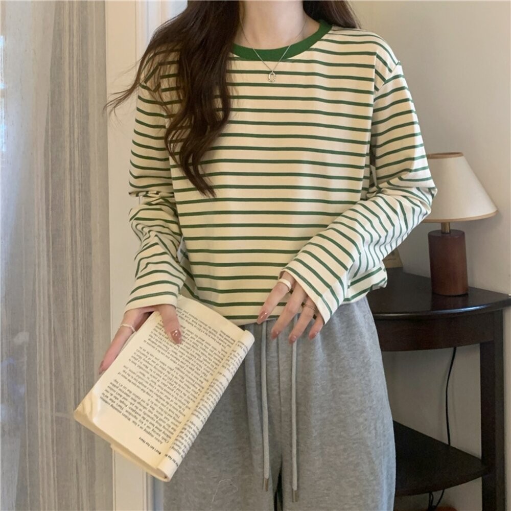 【台灣發貨】韓版寬鬆百搭條紋打底長袖上衣 長袖上衣 長袖t恤 衣服 女裝 上衣【W578】-細節圖3