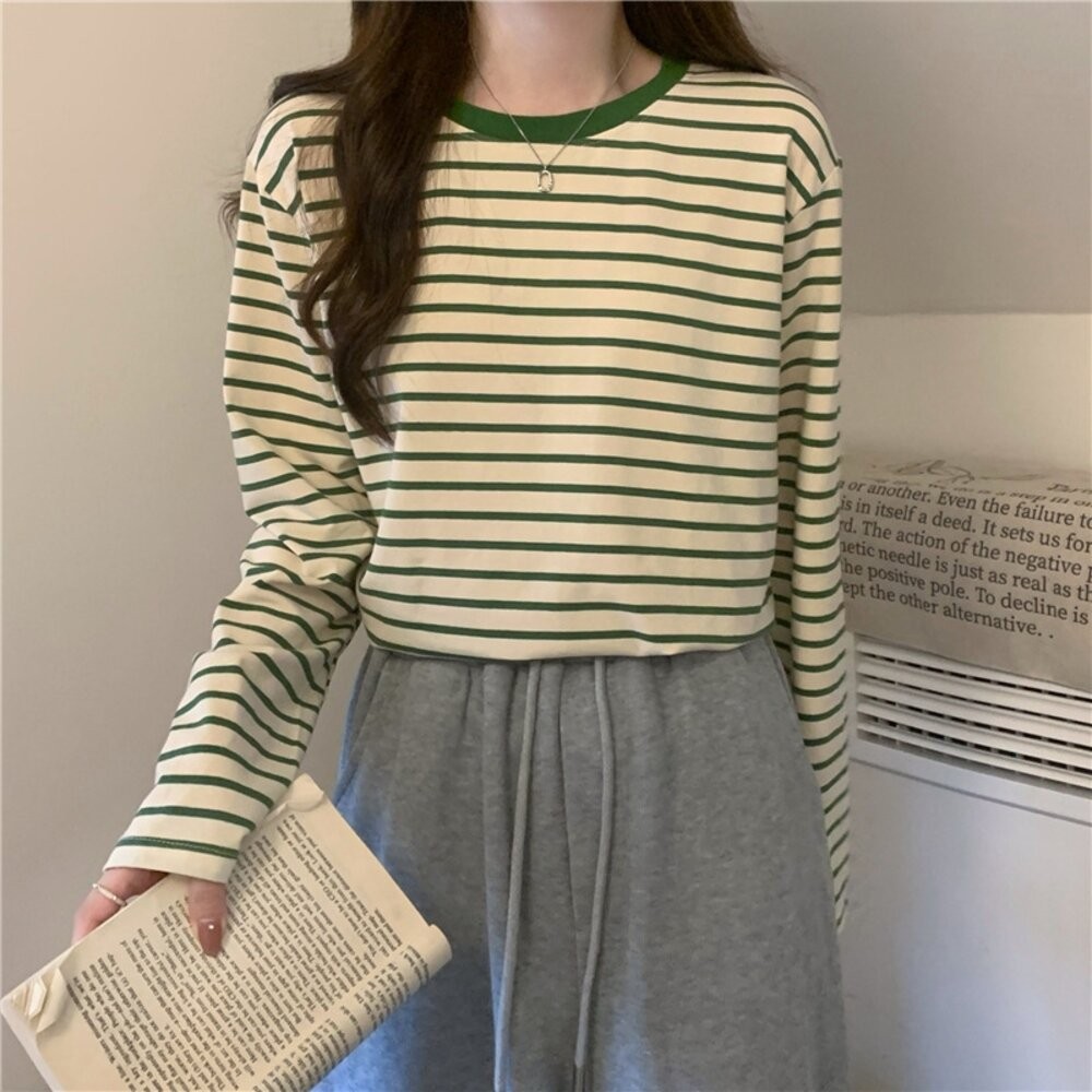 【台灣發貨】韓版寬鬆百搭條紋打底長袖上衣 長袖上衣 長袖t恤 衣服 女裝 上衣【W578】-細節圖5