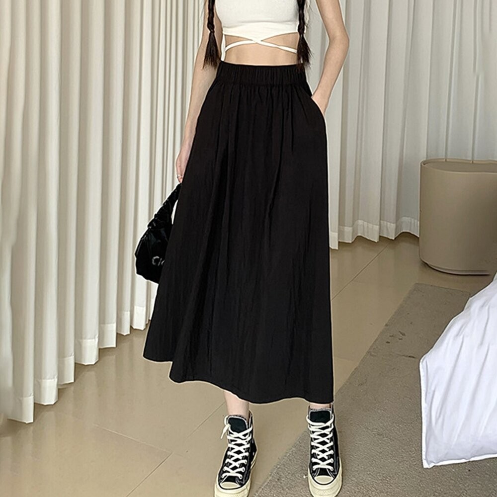 【台灣發貨】韓版高腰顯瘦褶皺半身裙 裙子 褲裙 長裙 女裝【P342】-細節圖4