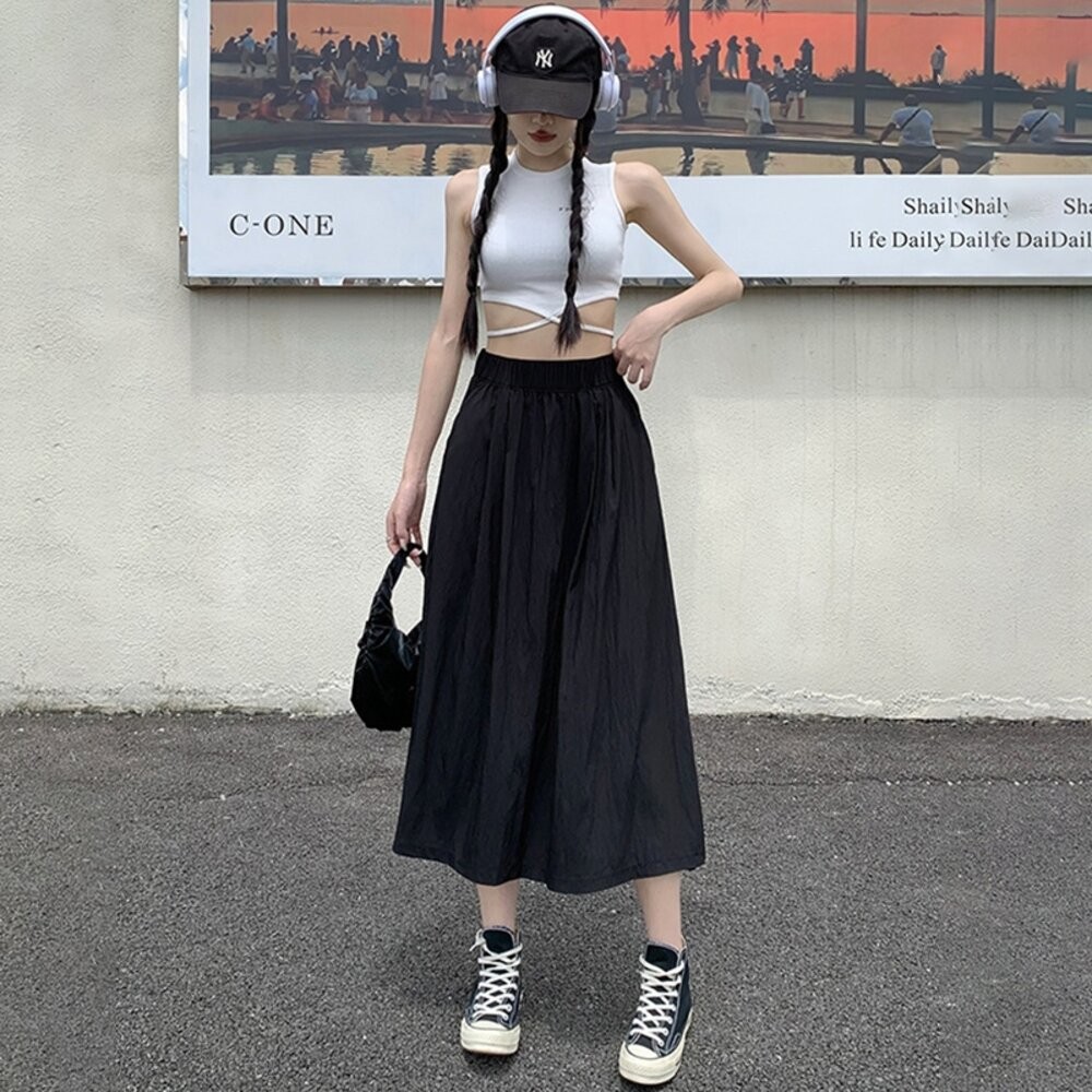 【台灣發貨】韓版高腰顯瘦褶皺半身裙 裙子 褲裙 長裙 女裝【P342】-細節圖7