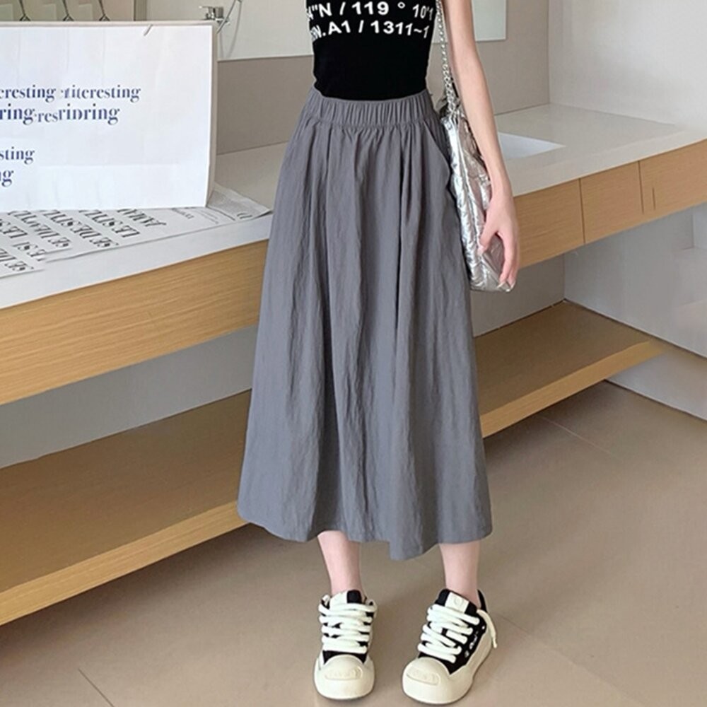 【台灣發貨】韓版高腰顯瘦褶皺半身裙 裙子 褲裙 長裙 女裝【P342】-細節圖8