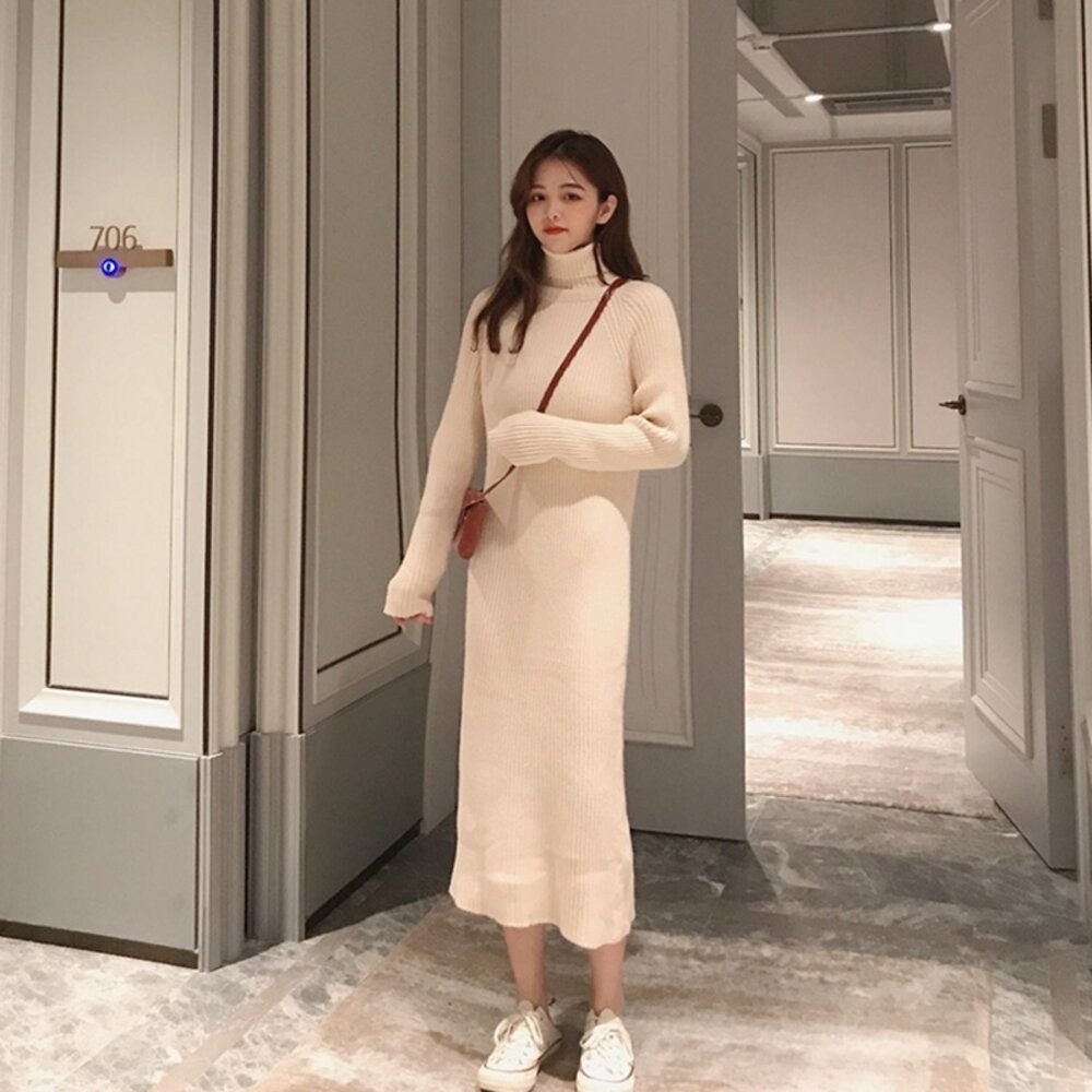 【台灣發貨】韓版氣質高領長版毛衣 連身裙 吊帶裙 吊帶褲 女裝【S339】-細節圖9