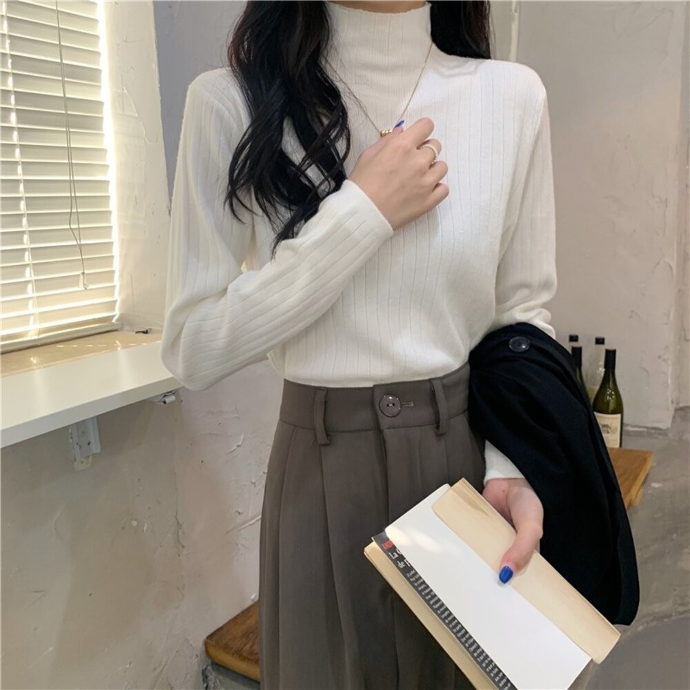 【台灣發貨】韓版設計感小眾半高領針織上衣  長袖上衣 長袖t恤 衣服 女裝 上衣【W566】-細節圖3