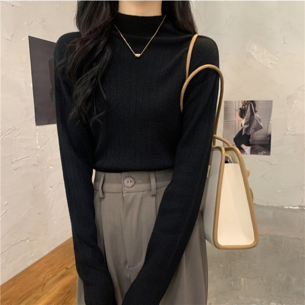 【台灣發貨】韓版設計感小眾半高領針織上衣  長袖上衣 長袖t恤 衣服 女裝 上衣【W566】-細節圖4