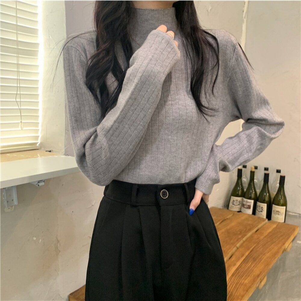 【台灣發貨】韓版設計感小眾半高領針織上衣  長袖上衣 長袖t恤 衣服 女裝 上衣【W566】-細節圖5