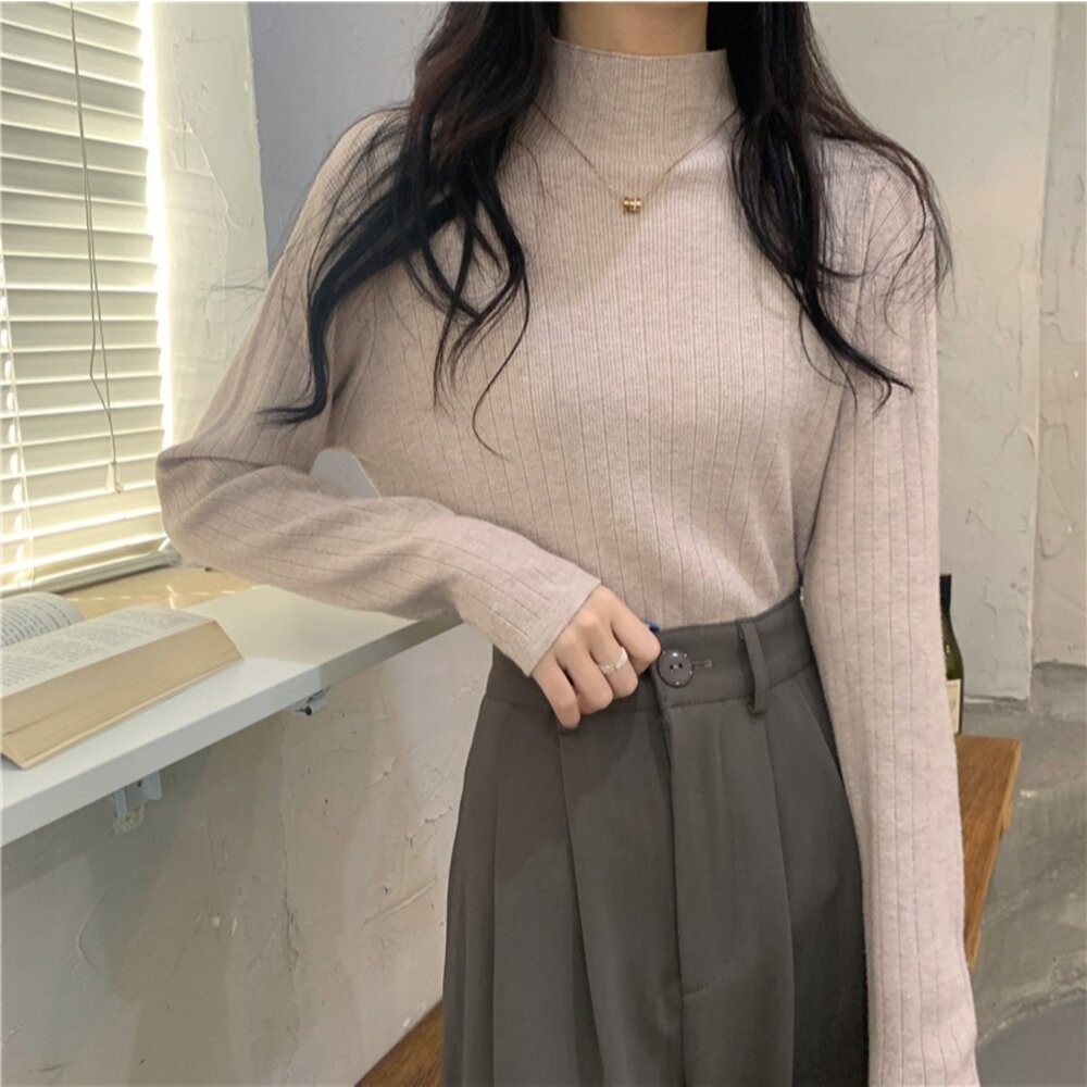 【台灣發貨】韓版設計感小眾半高領針織上衣  長袖上衣 長袖t恤 衣服 女裝 上衣【W566】-細節圖6