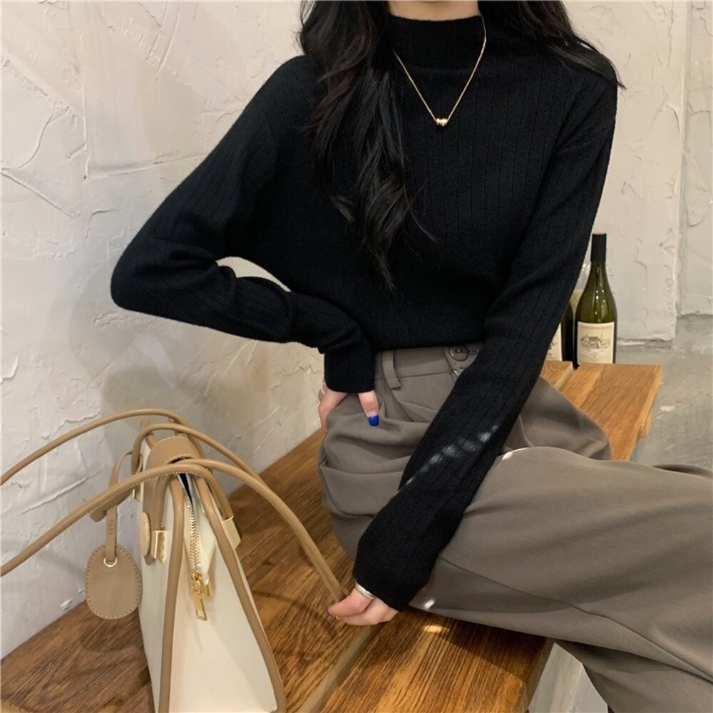 【台灣發貨】韓版設計感小眾半高領針織上衣  長袖上衣 長袖t恤 衣服 女裝 上衣【W566】-細節圖8