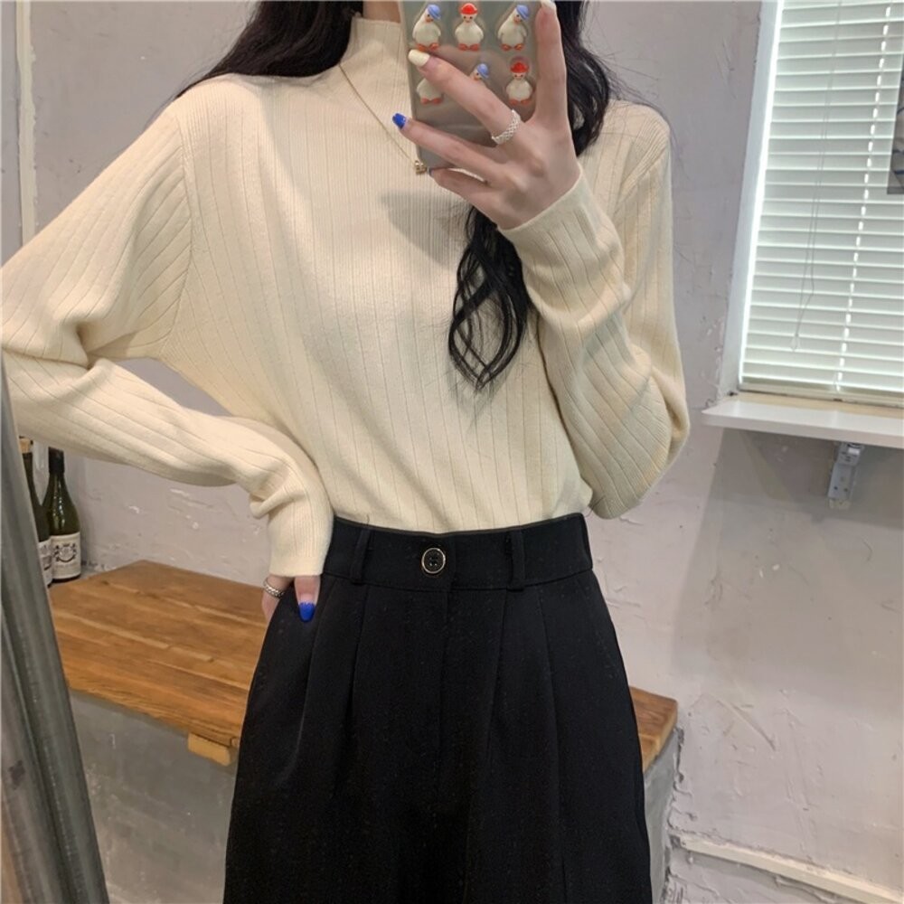 【台灣發貨】韓版設計感小眾半高領針織上衣  長袖上衣 長袖t恤 衣服 女裝 上衣【W566】-細節圖9